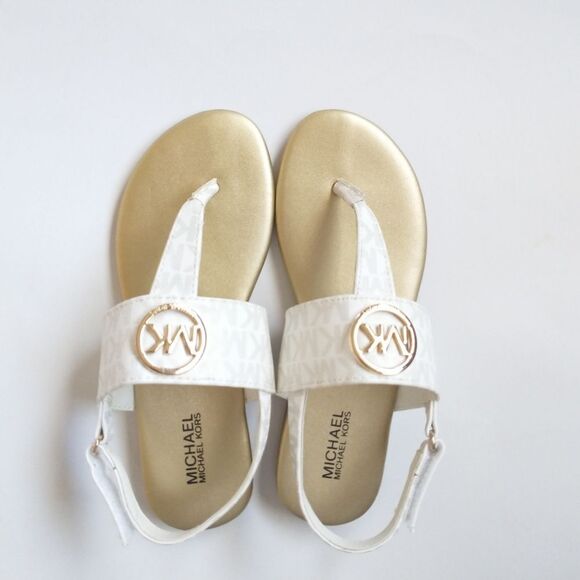 New! MICHAEL KORS Girls Marlie MK Logo T-Strap Sandals Shoe NWOB White Soft Gold - Picture 7 of 13